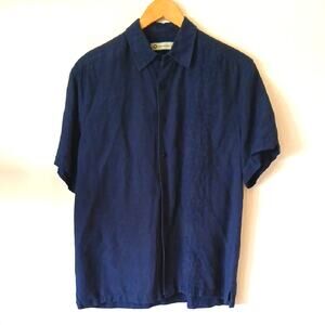 Havanera Blue Linen Blend Embroidered Button Up Shirt